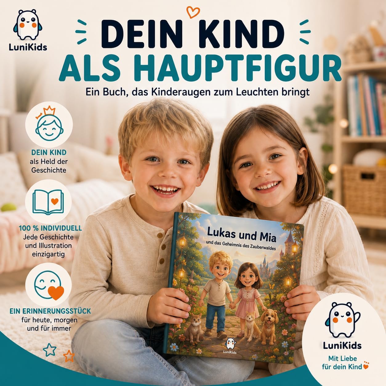 Zwei Kinder freuen sich über ihr personalisiertes LuniKids Buch